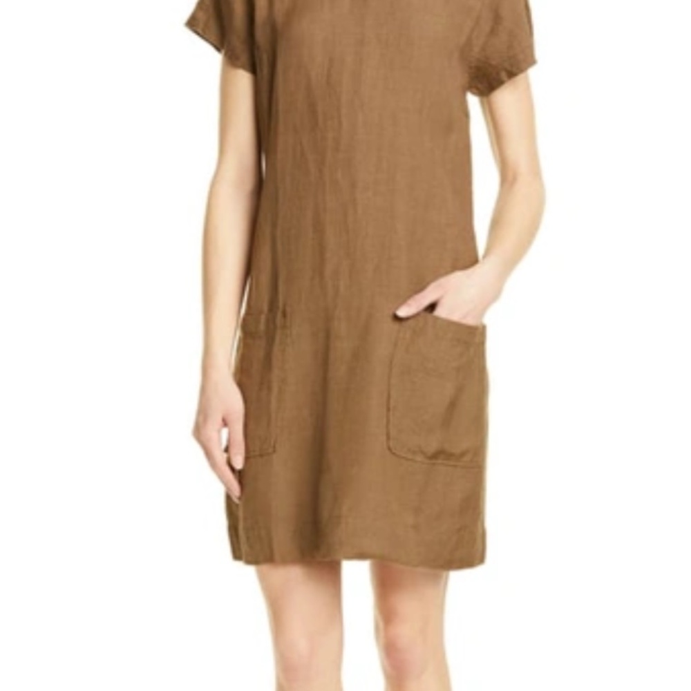 Eileen Fisher Tan Linen Pocket Shift Dress